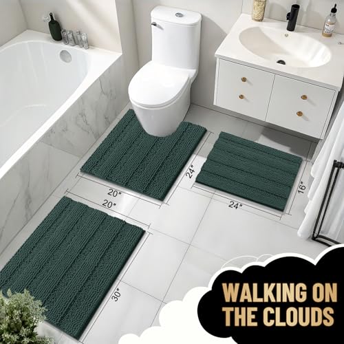 Image of OLANLY Thick Bathroom Runner Rugs 44x24, Extra Absorbent Chenille Striped Bath Rugs, Rubber Backing, Machine Wash, Long Bath Mats for Bathroom, Tub and Shower, Home Decor Accessories, Blackish Green
