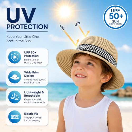 Image of VRITRAZ Kids Straw Hat for Baby Boys & Girls | Printed Summer Sun Hat, Woven Wide Brim Beach Cap, Lightweight Breathable Holiday, Travel, Fancy Dress Fashion Hat for Children & Toddler (2-6 Year)