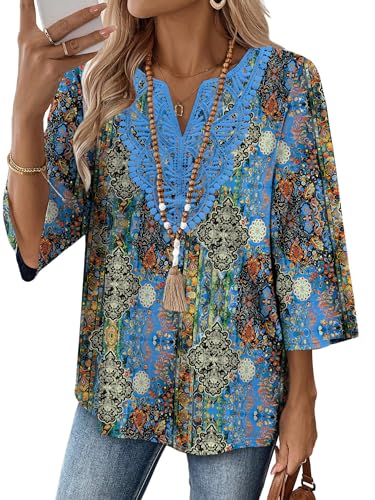 Image of WIHOLL 3 /4 Length Sleeve Womens Tops Boho V Neck Lace Shirt Trendy Blouses Dressy Casual Vacation Clothes S-3XL