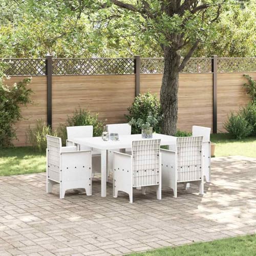 QJBSAVVA Gartenmöbel Essgruppe 7-Teilig Weiß Poly-Rattan 150x100x73...