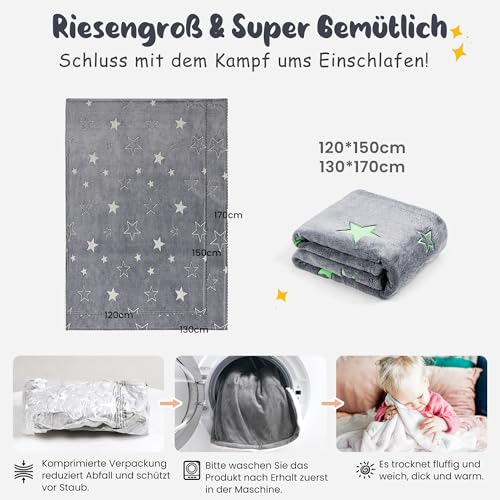 Winthome Kuscheldecke Kinder, Deck Glow In The Dark, Fleecedecke Weiche Flauschig, Babydecke Warme Kuschelig, Sofadecke für Mädchen Junge, Geschenke, Passend zu Allen Jahreszeiten (Stern, 120x150cm)