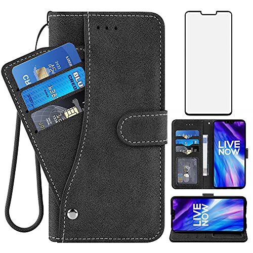 Compatible with LG V40 ThinQ Wallet Case and Tempered Glass Screen Protector Flip Credit Card Holder Cell Accessories Phone Cover for LGV40 Storm V 40 Thin Q V40ThinQ LG40 40V 40ThinQ Women Men Black