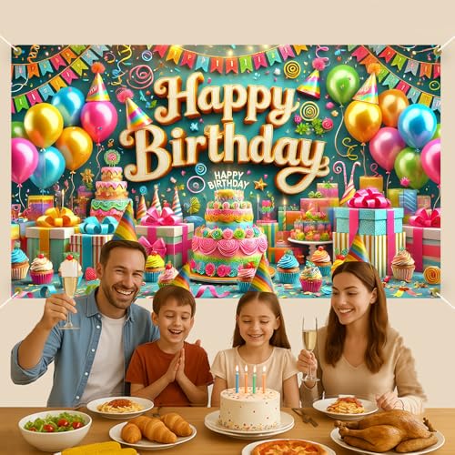 Image of Happy Birthday Backdrop Banner 70.8 x 43.3 Inch, Colorful Balloon Cake Pennant Flag Festive Party Decorations for Kids Boys Girls, Fun Photo Booth Background with Hanging Rope