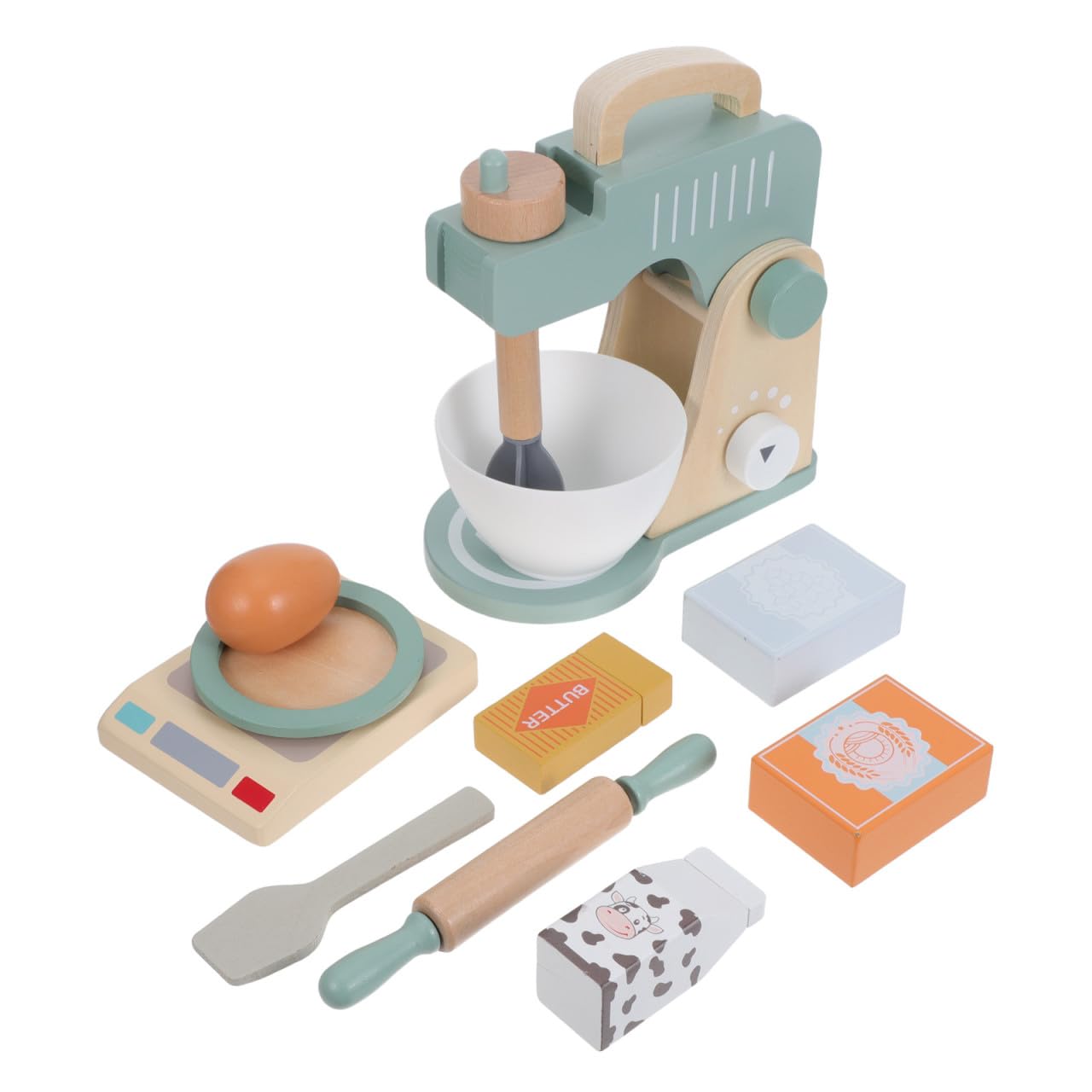 KICHOUSE Set Cucina Giocattolo in Legno Sbattitore Manuale e Accessori, Gioco di Ruolo Creativo per Uso Domestico e Divertimento Educativo
