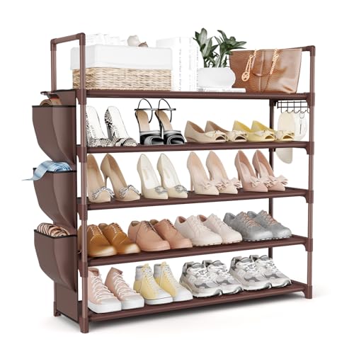 Image of VILICK Shoe Rack for Closet Shoe Organizer Space Saver Storage for 20-25 Pair Shoe Shelf with Hook and Side Pocket Free Standing 5 Tier Shoe Rack Organizer for Entryway,Small Spaces, Brown