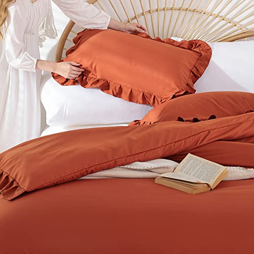 Janzaa Queen Size Comforter 3Pcs Ruffled Comforter Sets For Queen Bed （1 Terracotta Comforter And 2 Pillowcases） Vintage Farmhouse Shabby Chic Bedding Comforter Sets Soft Fluffy Comforter #TOP6