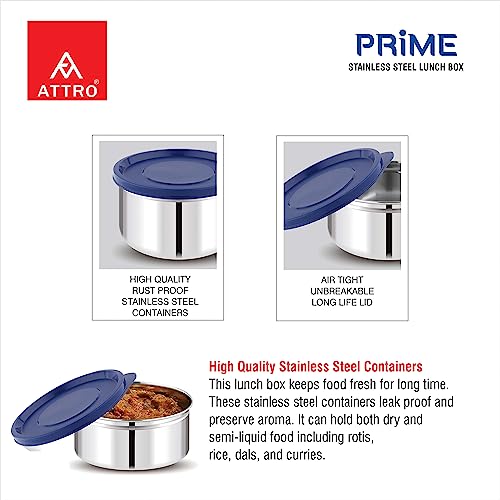 Image of ATTRO Prime Stainless Steel Single Wall Storage Containers Airtight & Leak Proof Containers for Office Use, School, Picnic, 400ml -Blue-Set Of 4