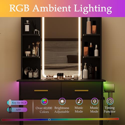 Image of BORNOON Vanity Desk with Mirror and Lights, Small Makeup Vanity Desk with Charging Station, Bedroom Vanity Table with Drawers, Storage Shelves, RGB Ambient Light and Hair Dryer Holder