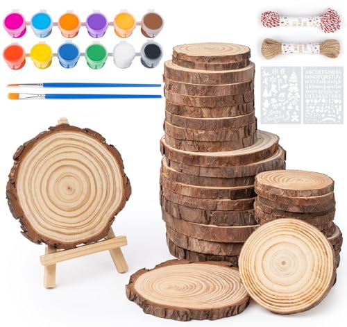 ILauke 60 fette di legno naturale, kit di dischi da 6-14 cm, fette di tronco in legno non finite, cerchi in legno con vernici, 2 cavalletti, modelli per pittura per sottobicchieri fai da te e