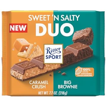 RITTER SPORT SWEET'N SALTY DUO, Doppio Gusto in Unica Barretta, Tavoletta di Cioccolato al Latte Caramel Crush+ Tavoletta di Cioccolato al Latte Big Brownie, 218g