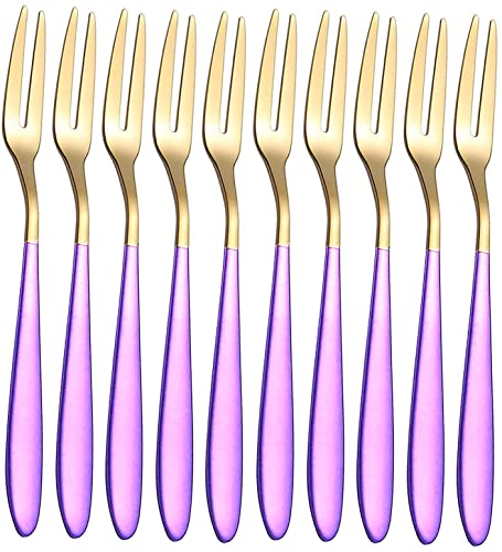 Image of Mini Cocktail Forks Appetizer Forks 18 /10 Stainless Steel Fruit Forks Dessert Forks Tasting Forks Appetizer Small Forks Set Appetizer Cake Fruit Forks Set (Purple,Set of 10)