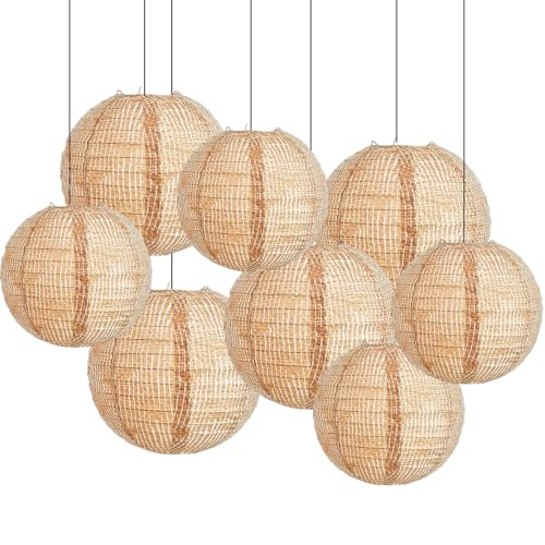 ZYOOO Lot de 8 Lanternes Papier Boho - Lampions Style Jute Rustique (20/25cm) pour Mariage, Décoration de Jardin & Fête Vintage - Boule Chinoise Papier pour...