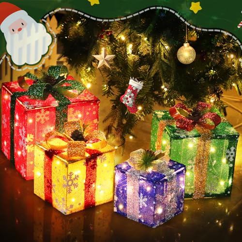 DomKom Set of 4 Christmas Lighted Gift Boxes 70 Led Light Up Colorful Iron Frame Present Box with Pine Cones Bows for Xmas Tree Party Yard Holiday Indoor Outdoor Decoration