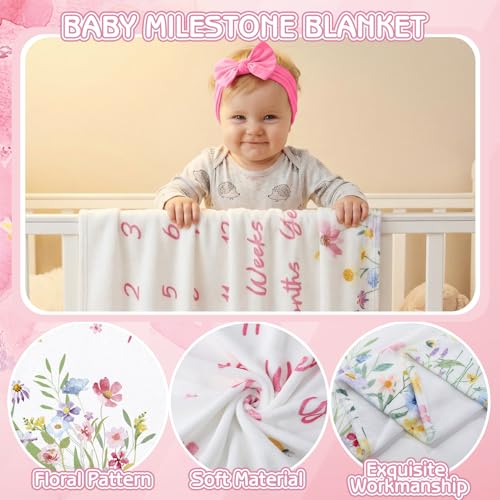 Image of Floral Baby Monthly Milestone Blanket for Girls Flannel Blanket Newborn Infant Swaddle Baby Growth Blanket Photography Background with Wooden Signs,Frames,Headband