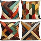 OBSEDE Retro Colored Wood Grain Geometry Decorative Throw Pillow Covers 18 × 18 in, Set of 4, Couch Cushion Cases Inserts for Sofa Bed Living Room Home Decor, Single Side Print