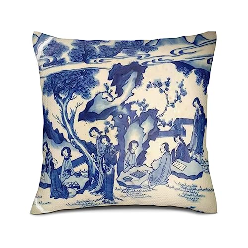 Ensound Fundas de almohada chinoiserie, fundas de almohada de paisaje azul para sofá, coche, sala de estar, dormitorio, decoración del hogar al aire libre, fundas de almohada de lino (árbol de mujer,