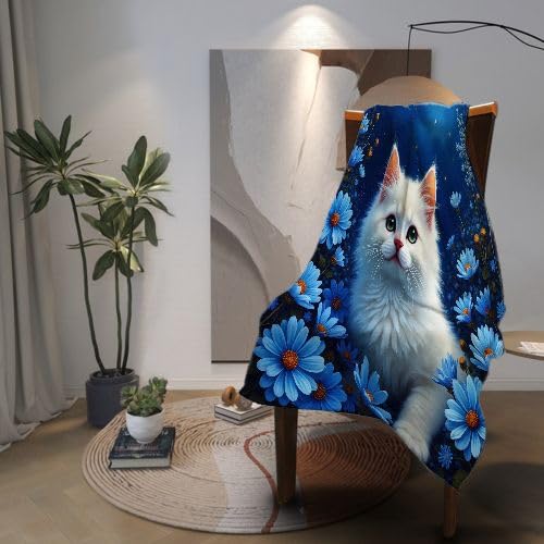 Manta Polar 220 x 240 Flores Azules y Gato, Mantas para Cama 105 de Franela Cálida y Cómoda para Niños y Adultos, Mantitas para Sofá Reversible para Cubre Sofa Colchas, Fácil de cuidar