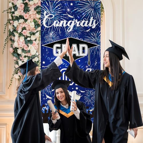 Image of Graduation Decorations, 2026 Graduation Banner Door, Blue and Black Graduate Banner Backdrop Class of 2026 Congrats Grad Sign for University Commencement High School Farewell Ceremony Party 90*185cm