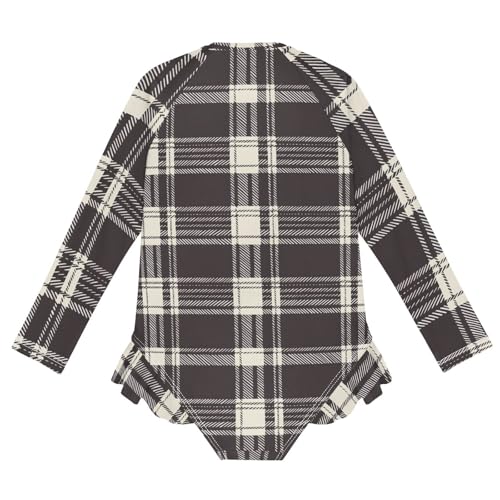 Girls One Piece Swimsuits Long Sleeve Swimsuit Zipper Bathing Suits Cream Black Buffalo Plaid Checkered2