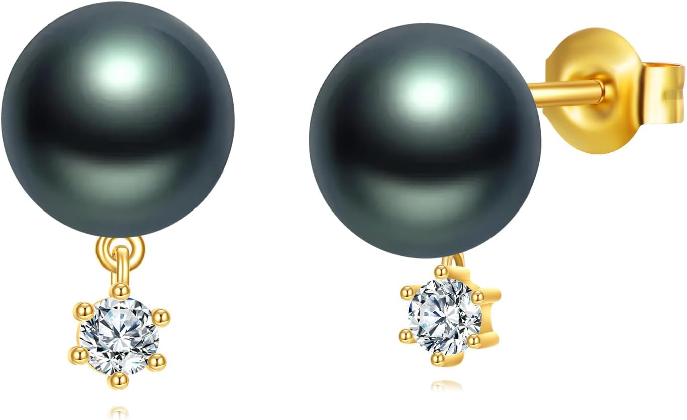 10K Solid Gold Tahitian Black Pearl Earrings for Women, Yellow Gold Moissanite 8mm Black Pearl Pendant Earrings, Jewelry Gift Anniversary Birthday Christmas for Wife Mom Girlfriend