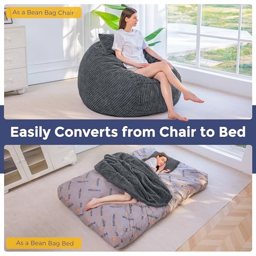 Image of MAXYOYO Giant Bean Bag Chair Bed with Pillow, Convertible Beanbag Sofa to Floor Bed, Lazy Chair Couch with Removable Cover, High-Density Shredded Foam Filling, Cozy Lounge for Bedroom Living Room
