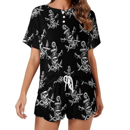 Image of Pirate Skull Swords Pajamas Set for Women Casual Pullover Short Sleeves And Shorts Two Piece Loungewear Set 2XL