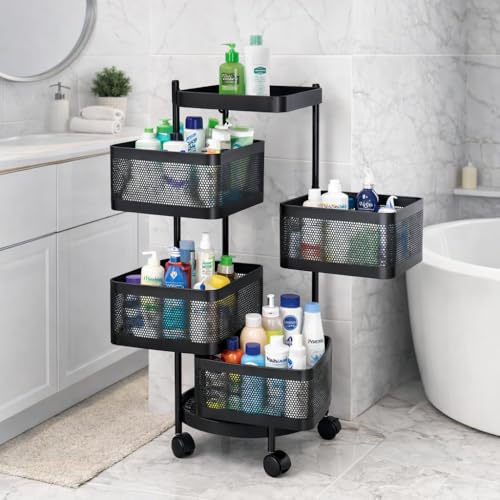 Image of RADIANT 4 Layer Multipurpose Plastic Trolley with Dish Rack for Kitchen Fruit Vegetable Storage Basket Kitchenware Food, Snacks, Toys, Tiered Shelf (Black) (Square Trolley - 4 Layer)