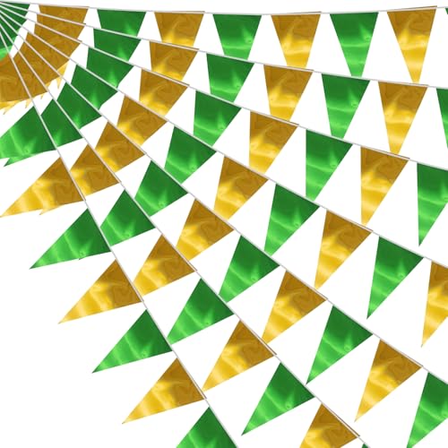 Image of 40M /130FT Green Gold Triangle Pennant Banner Flag Metallic Fabric Bunting Garland for Christmas Graduation Wedding Engagement Anniversary Bachelorette Birthday Bridal Shower Hen Party Supplies