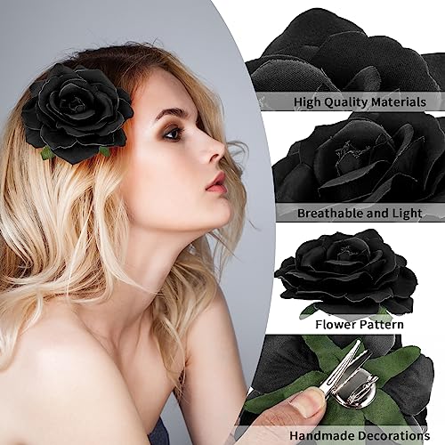 WLLHYF Fabric Rose Hair Flowers Clips Mexican Rose Hair Clip Flower Hairpin Rose Brooch Floral Clips Headpieces for Woman Girl Wedding Party (black) - Image 4