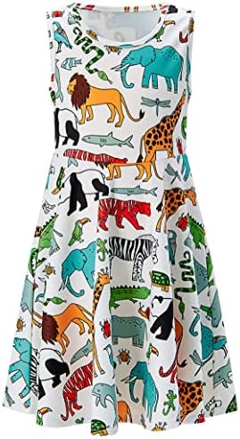 RAISEVERN Girls Summer Sleeveless Dress Lion Giraffe Elephant Pattern 3D Printed White Dresses Casual Swing Birthday Party Sundress Kids Twirly Skirt Animal World 4-5T