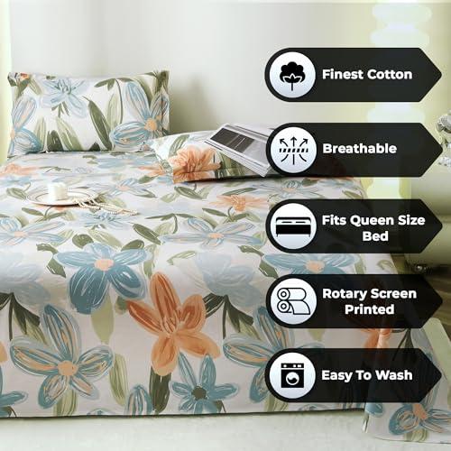 Image of Story@Home Bedsheet for Double Bed Cotton 190 TC with 2 Pillow Covers, White & Light Blue, Floral, Double Size Bedsheet for Double Bed | (225 Cm X 250 Cm) | Perfect for Home Decor