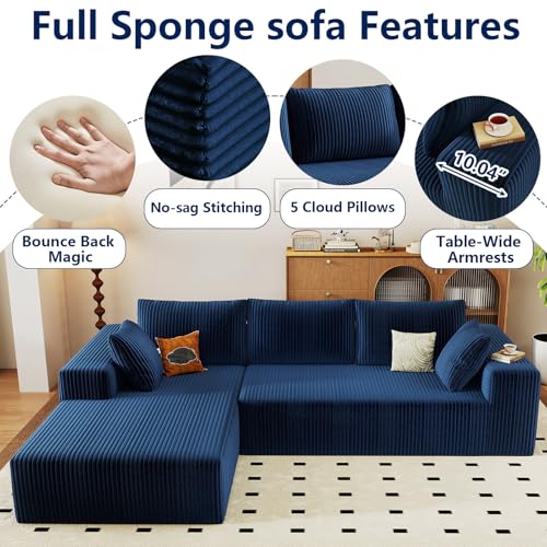 Image of 96 inch Modular Sectional Sofa, Modern Corduroy Cloud Couch with Deep Seat, Boneless Couch Upholstered 3-Seater L-Shaped Sofa for Living Room, No Assembly Required (Blue, Left-Facing Chaise)