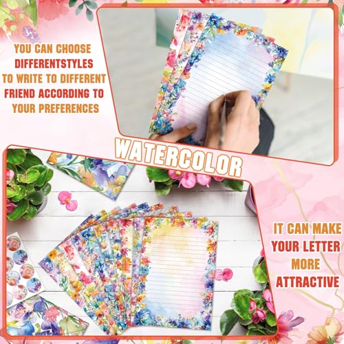 Image of TaoBary 160 Pcs Stationery Paper Set 50 Double Sided Stationery Papers with 50 Matching Envelopes and 60 Round Dot Sticker, 10 Design(Bright Floral,5.5 x 8.25 Inch)