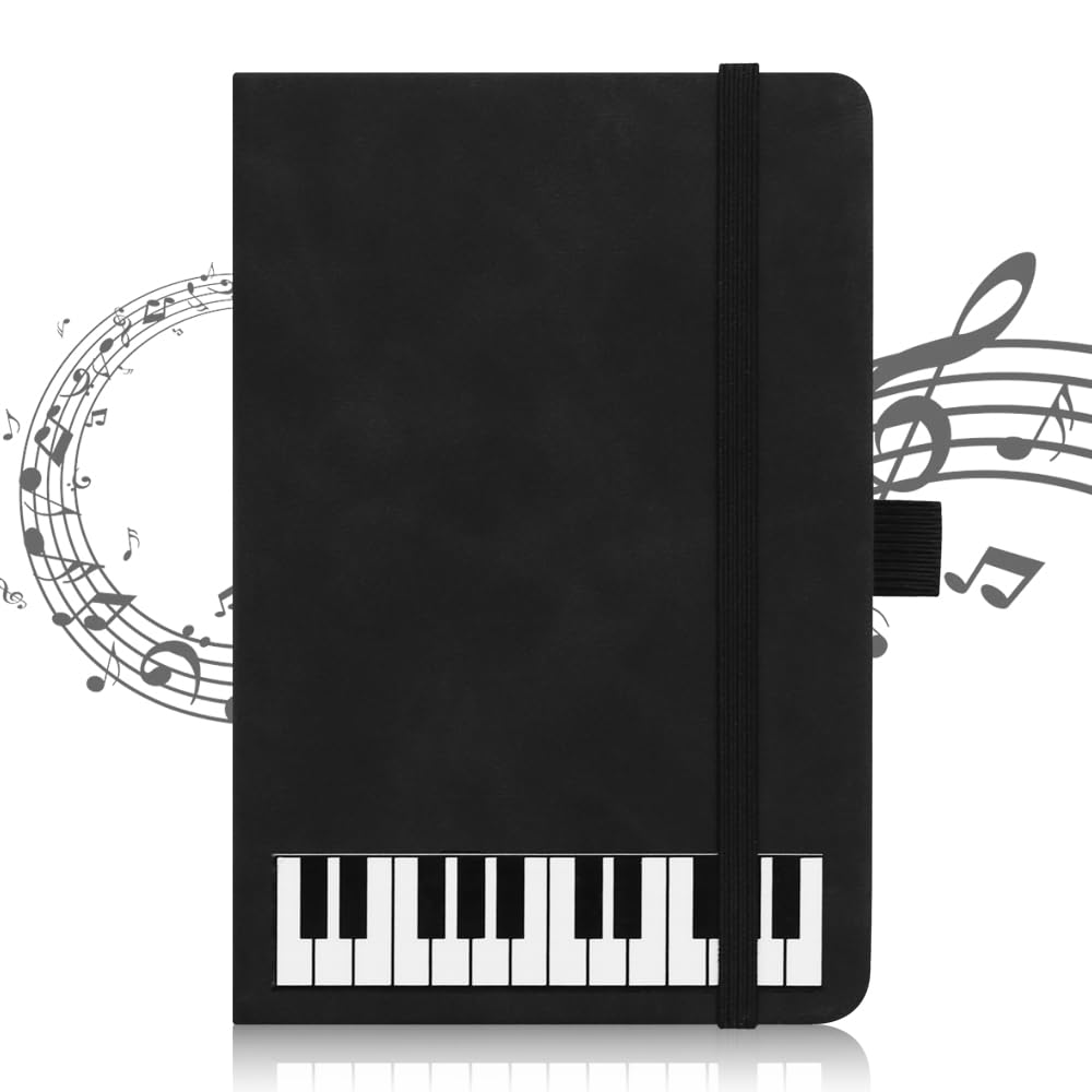 A6 Piano Theme PU Notebook,Portable Music Small Pocket Leather Journal Hardcover Note Books Piano Key Lined Writing Notepad Diary Party Gift for Kid Student School Office Stationery Supplies (Black)