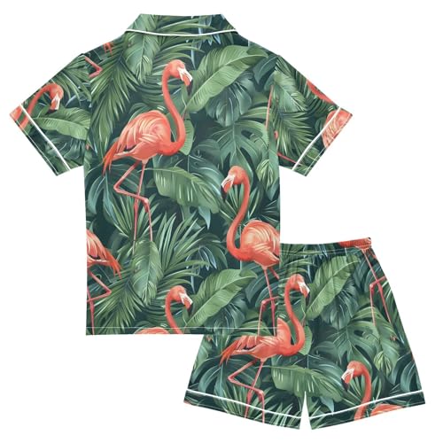 ALAZA Tropical Retro Flamingo Palm Leaves Green Pajamas Satin Pajama Set Short Sleeve Button Down Sleepwear2
