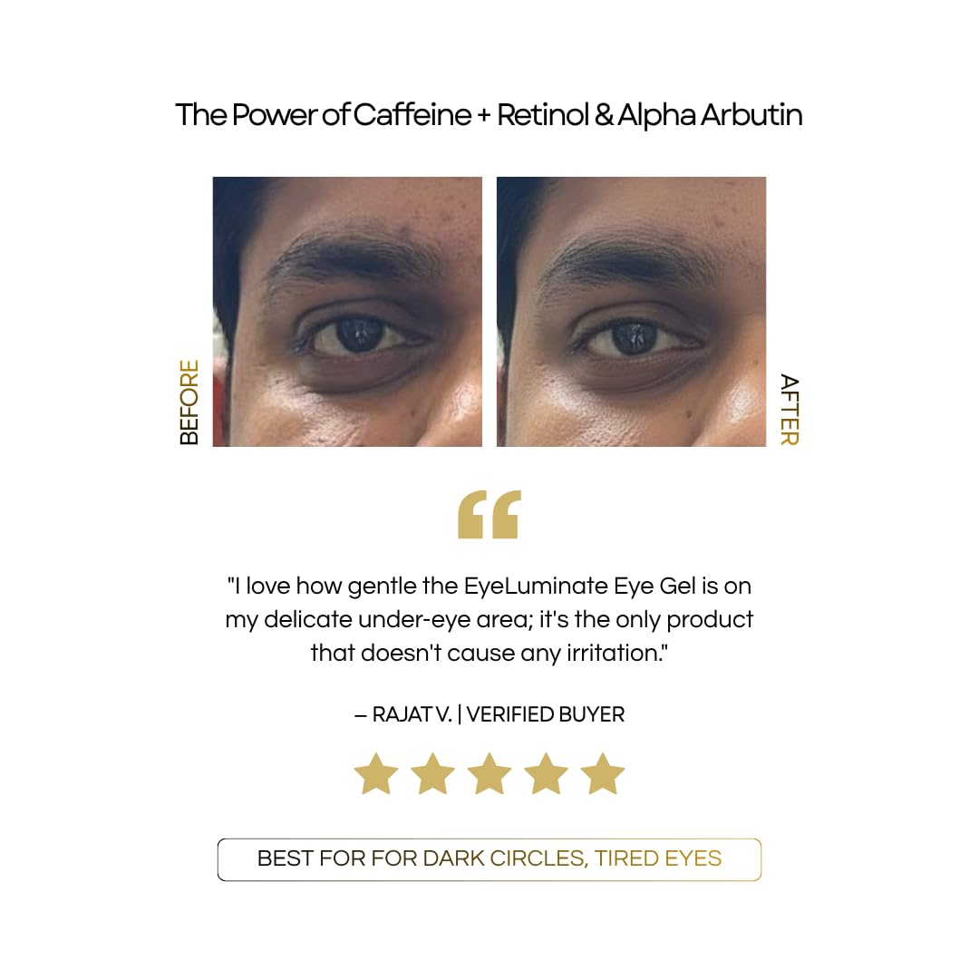 EyeLuminate Under Eye Gel for Dark Circles Removal | 0.2% Retinol, 1% Alpha Arbutin & Caffeine | Reduces Pigmentation, Puffiness & Fine Lines | Brightening Dark Circle Cream for Men & Women | Dermatologically Tested | 5ml — Amazon image 8