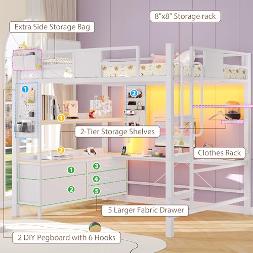 Image of Dnxao Full Size Loft Bed with Desk and 5 Storage Drawers, Heavy Duty Metal Loft Bed with Charging Station, LED Lights & Pegboard, Space-Saving Workstation for Teens & Adults, White