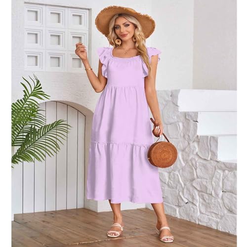 Vestido de manga voadora, gola quadrada, ombros de fora, bainha com babados, mangas voadoras, gola q