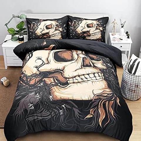 ArtisticHome Skull Duvet Cover Set Gothic Bedding, Vintage 3D Skeleton Pattern, Double Comforter Cover with Pillow Shams, Zipper Closure and Corner Ties(Double 200x200 cm) Cover