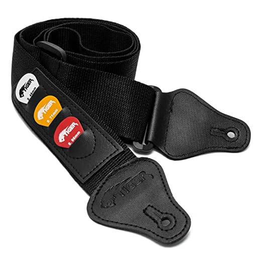 Tiger Correa de guitarra con soportes de púa, Estándar, Negro