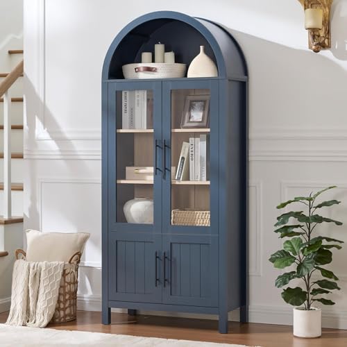 Image of 71 inch Tall Arched Display Cabinet, 5-Tier Bookshelf Modern Farmhouse Arched Bookcase with Glass Doors and Shelves, Wooden Pantry Storage Cabinet for Living Room, Office and Kitchen, Blue