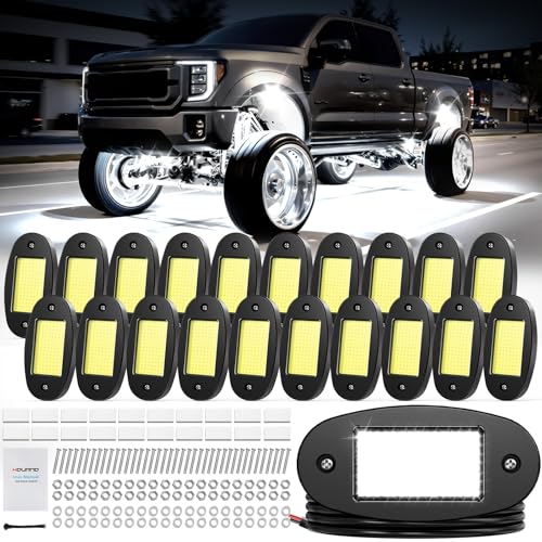 Hovano 20 Pods COB White Rock Lights 120 COB Chips 6500K Pure White Super Bright Neon Underglow IP68 Waterproof Shockproof Off-Road Light Kit for Pickup Trucks SUV UTV ATV RZR Cars & Boats
