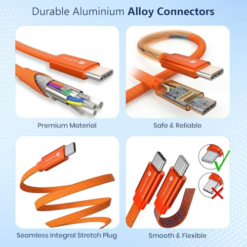 Image of Portronics Flatro 60W Flat Design fast Charging Type C Cable, Strong Nylon Braided, Data Sync, Tangle Free Flat Design, Durable Aluminium Connector, Compatible With Type C Devices(Orange)