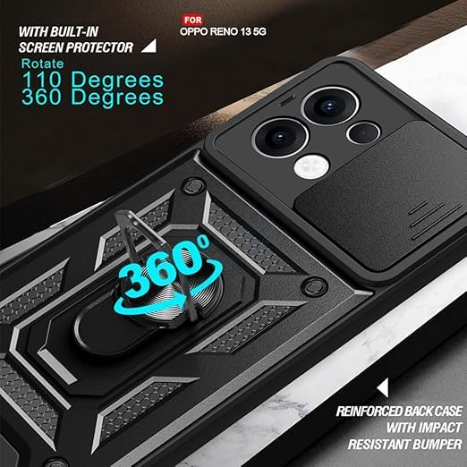 Image of SPAZY CASE Oppo K13 5g Back Cover | Heavy Duty Hybrid Case with 360 Degree Rotating Finger Ring Holder + Slider Shutter Camera Protection Case for Oppo K13 5g - Black