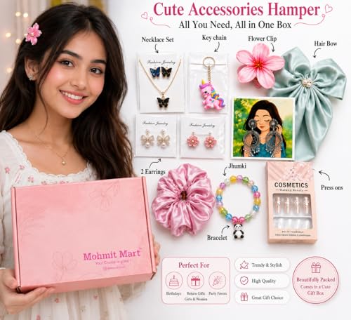 Image of Girls Fashion Accessories teues Gift Hamper Box | Korean Style Jewellery, Hair Bow, Scrunchie, Bracelet, Earrings, Nail Tips & Cute Accessories Combo for Women & Girls