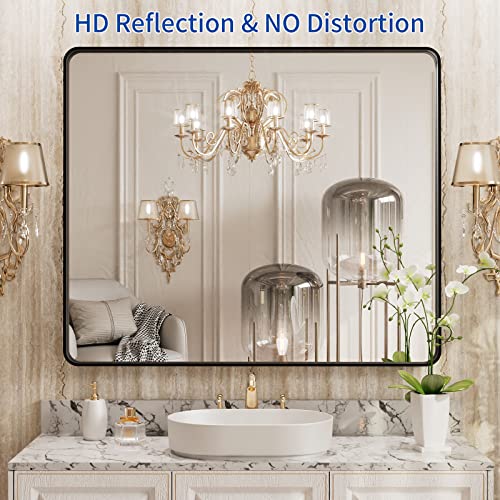 WEER-36X30-Inch-Black-Metal-Framed-Bathroom-Mirror-Matte-Black-Bathroom-Vanity-Mirror-Rectangular-Black-Wall-Mirror-for-Bathroom-Tempered-Glass-Rounded-Corner-Hangs-Horizontal-or-Vertical WEER 36X30 Inch Black Metal Framed Bathroom Mirror Matte Black Bathroom Vanity Mirror Rectangular Black Wall Mirror for Bathroom Tempered Glass Rounded Corner Hangs Horizontal or Vertical