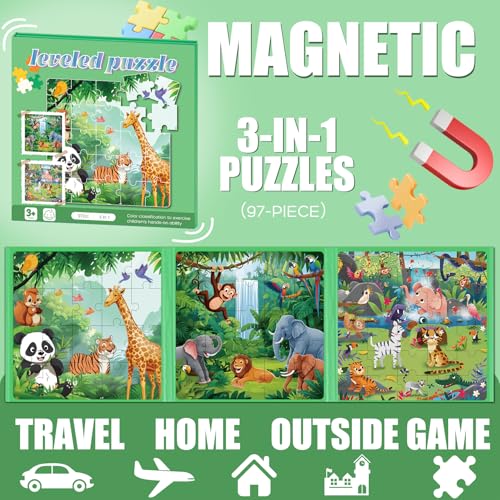 Image of Magnetic Puzzles for Toddlers 3-5 Toddler Puzzle Travel Toys (Animal) | Jigsaw Puzzles for Kids 97-Pieces Travel Toys, Animal Jungle Puzzles Ages 4-6 Road Car Trip & Airplane