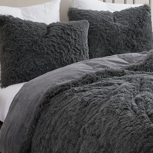 Queen Luxury Faux Fur Comforter Set - Soft & Breathable 7-Piece Bedding Collection - 1 Comforter, 1 Fitted Sheet, 1 Flat, 2 Pillowcases, 2 Pillow Shams - Deep Pocket - Premium Quality, Dark Gray