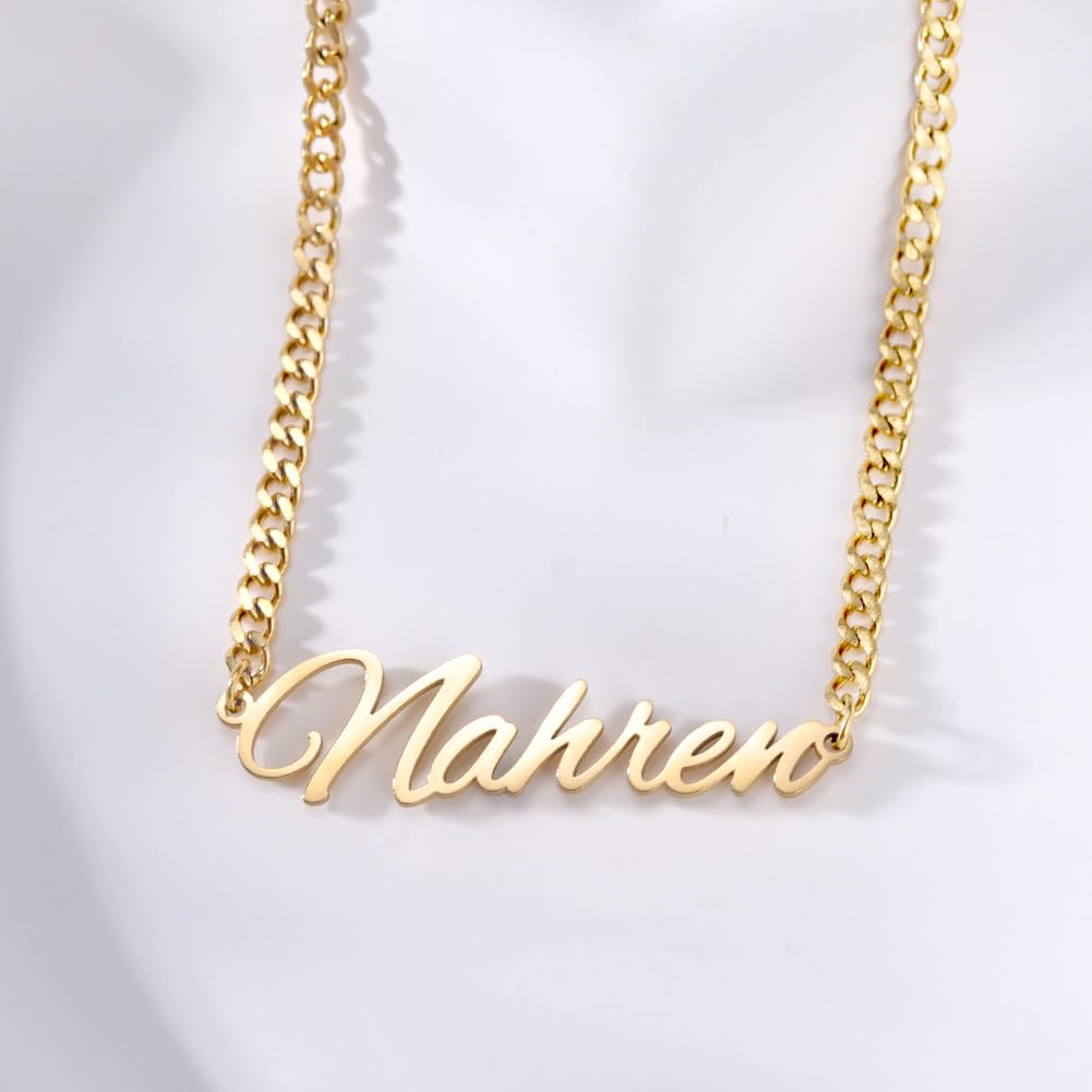 TinyName Custom Name Necklace Personalized 18K Plated Nameplate Customized Jewelry Gift for Women: Horizontal Name Necklace-Curb Chain