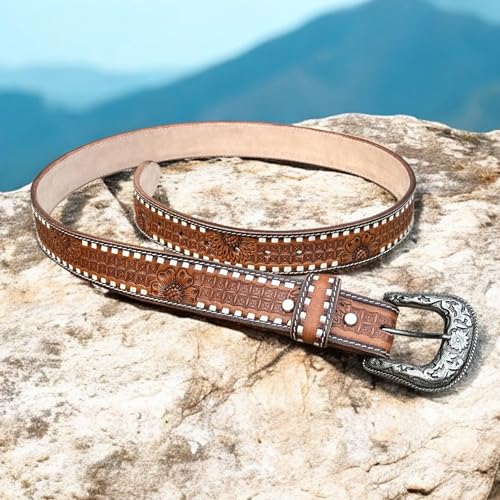 DANIEL'S ARTPLANET Western Leather Belt for Men Full Grain Leather Cowboy Belt with Buckle Engraved Tooled 1.5” Wide Handmade2